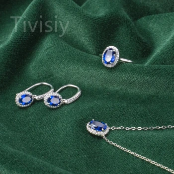Synthetic Sapphire Oval Cushion Cut Jewelry Set